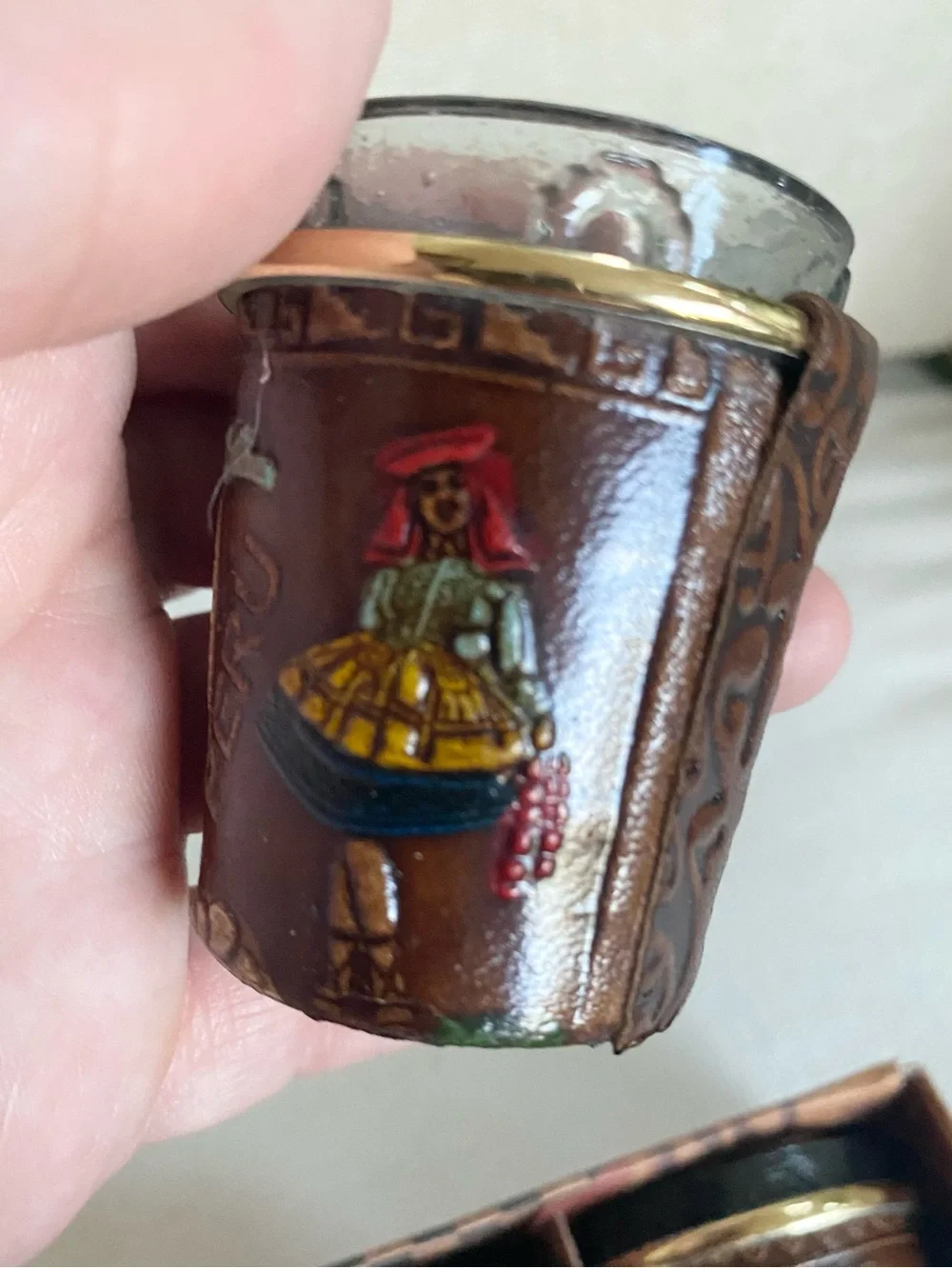 VTG INKAS PERU Handcrafted Leather Wrapped Shot Glasses Souvenir Set of 3 in Box